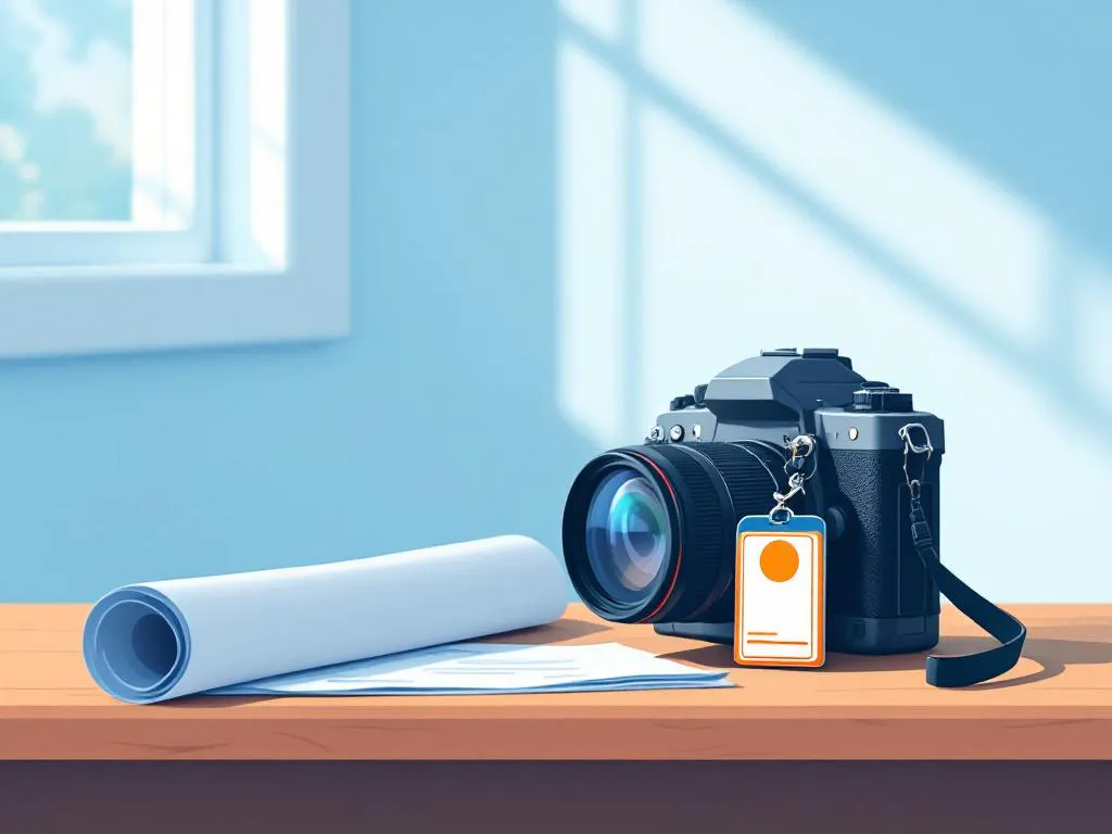 Professionele camera met persbadge en krant op houten bureau in vector-stijl met blauwe en oranje kleuren