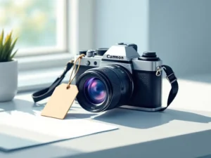 Moderne camera met prijskaartje op wit bureau, minimalistische vectorillustratie in grijstinten