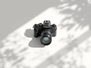 Professionele camera op witte ondergrond met zachte natuurlijke belichting in minimalistische vectorstijl