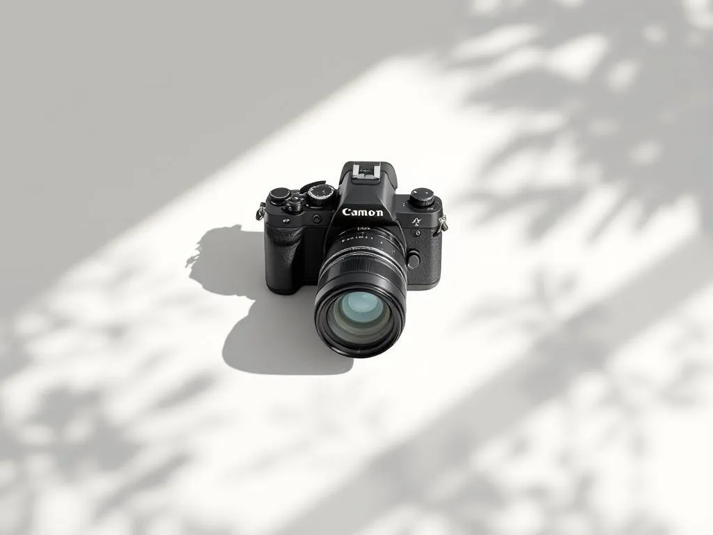 Professionele camera op witte ondergrond met zachte natuurlijke belichting in minimalistische vectorstijl
