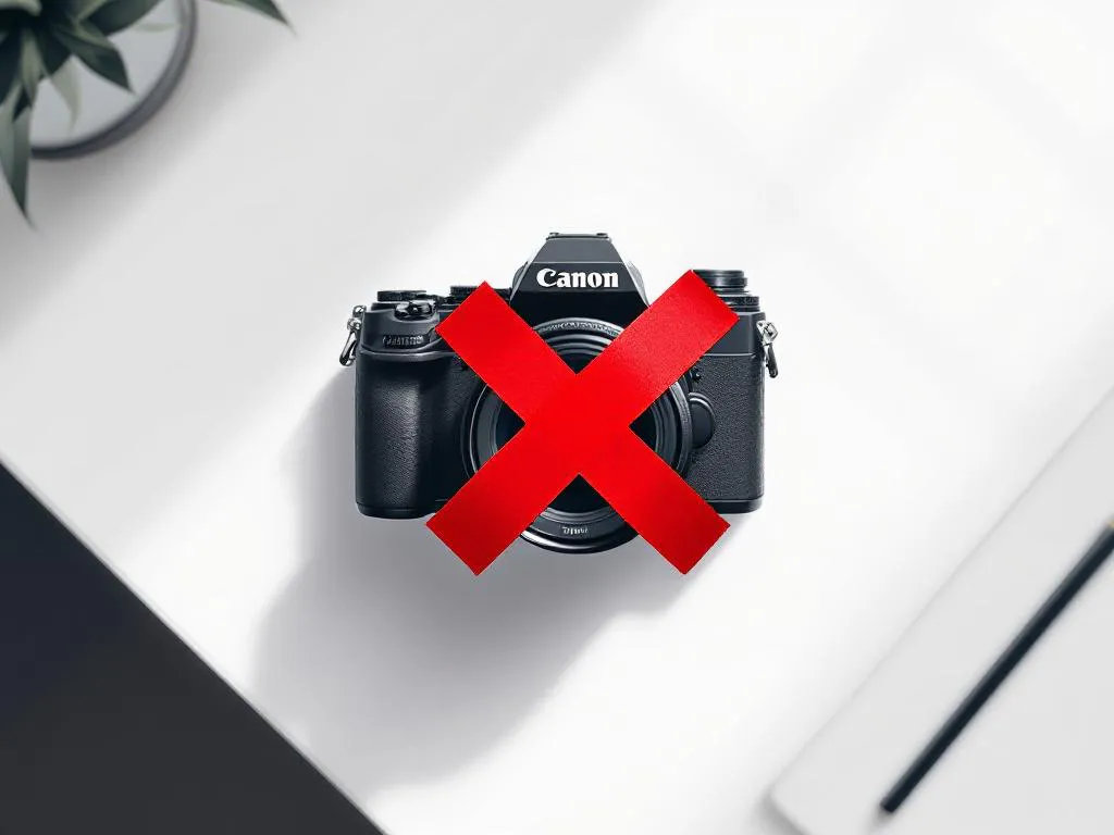 Professionele camera met rode X-tape over lens op wit bureau, bovenaanzicht in vlakke vectorstijl