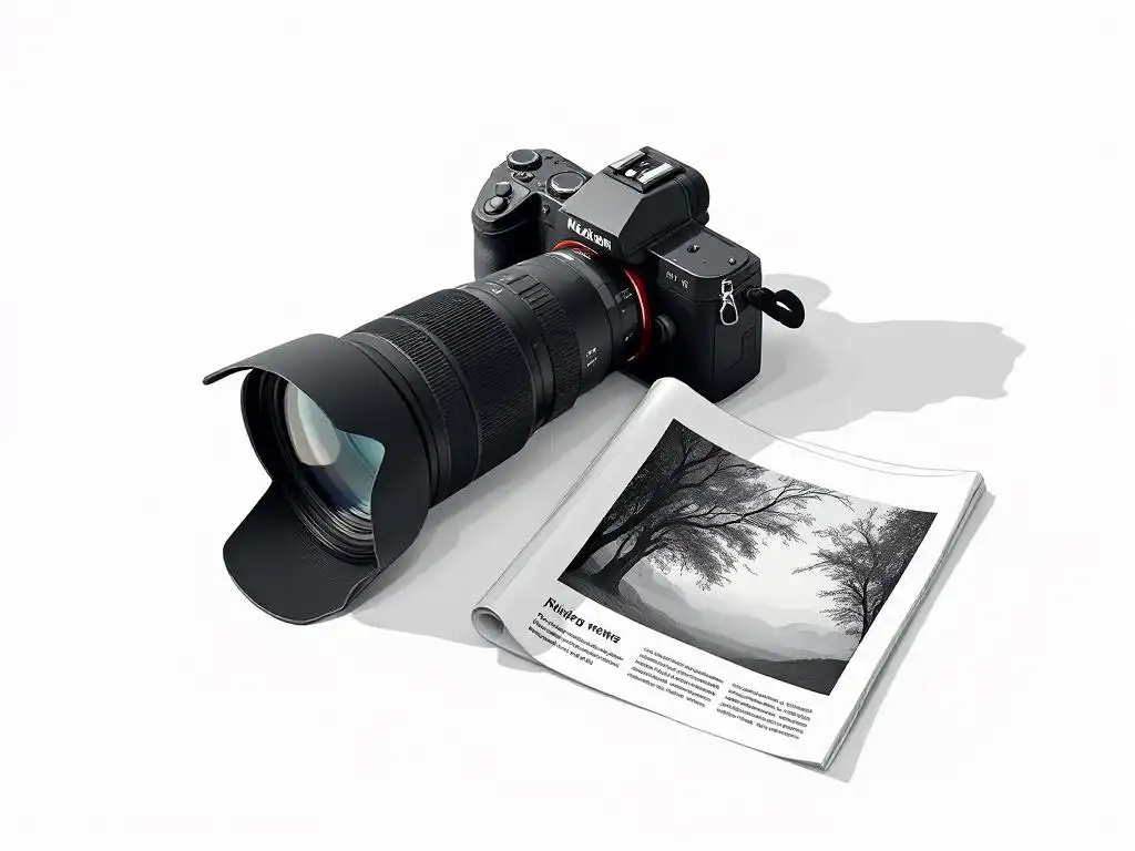 Professionele camera met telelens naast gevouwen krant op wit oppervlak in minimalistische stijl