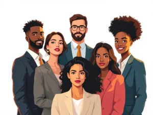 Vijf diverse professionals in driehoeksformatie met kleurrijke zakelijke kleding op witte achtergrond, vector illustratie