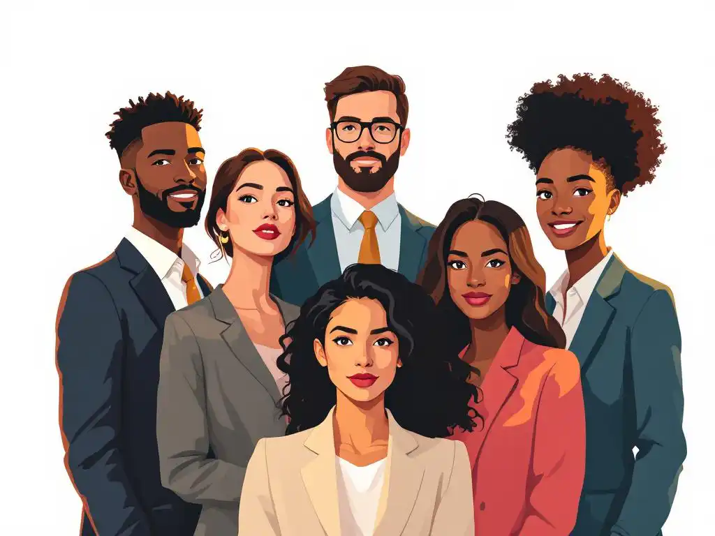 Vijf diverse professionals in driehoeksformatie met kleurrijke zakelijke kleding op witte achtergrond, vector illustratie