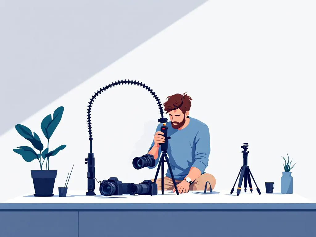 Professionele fotograaf past flexibele statief aan voor lage hoekopname, camera-uitrusting op witte ondergrond