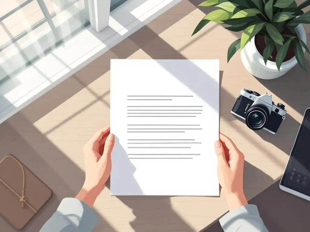 Professionele fotograaf houdt document vast naast vintage camera op houten bureau, zachte natuurlijke verlichting