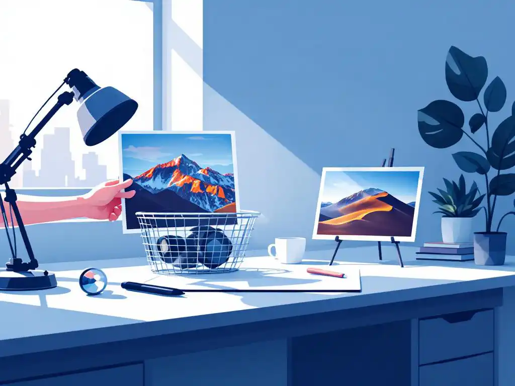 Fotograaf gooit generieke stockfoto weg terwijl persoonlijke foto op bureau staat, vectorillustratie in blauw-oranje