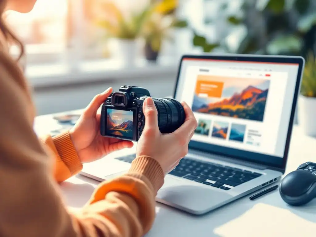Fotograaf houdt DSLR-camera vast en bekijkt foto's op LCD-scherm aan wit bureau met laptop op achtergrond