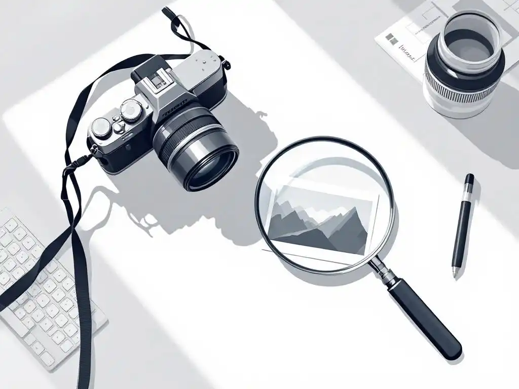Camera op wit bureau naast foto met vergrootglas voor kwaliteitscontrole, minimale werkruimte in vectorstijl