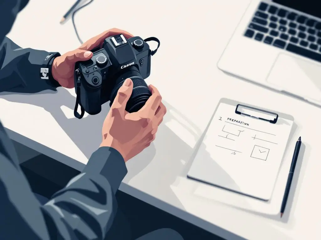 Handen van professionele fotograaf die camera-instellingen aanpast met notitieblok naast DSLR op wit bureau