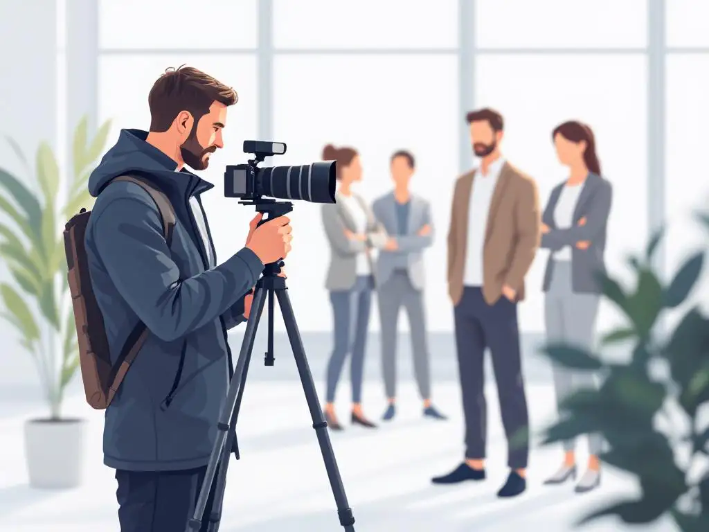 Professionele fotograaf past camera op statief aan terwijl drie zakelijke collega's op de achtergrond staan in modern kantoor