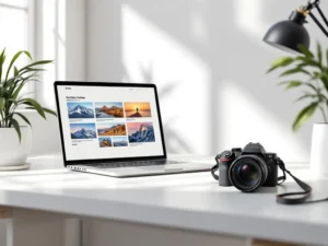 Professionele camera en laptop met beeldcontent op wit bureau, natuurlijk licht, minimalistische werkruimte