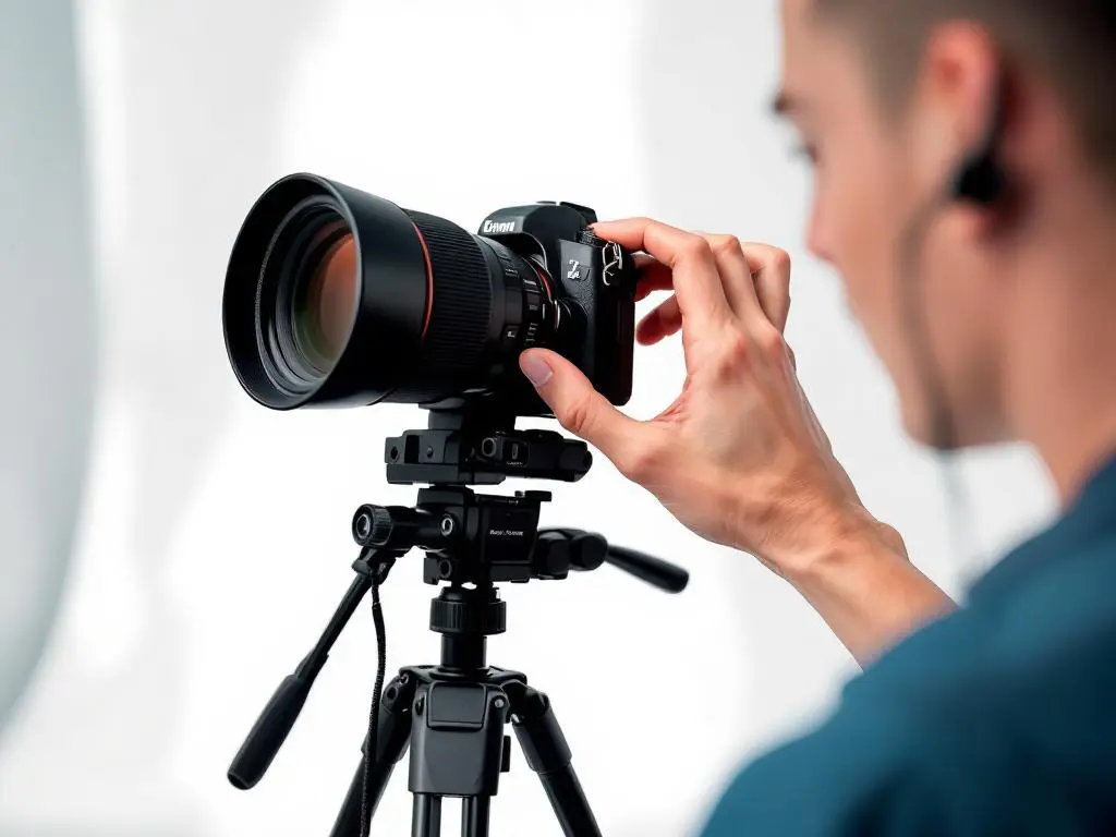 Fotograaf past cameralens aan op professionele DSLR-camera op statief in witte studio met zachte verlichting