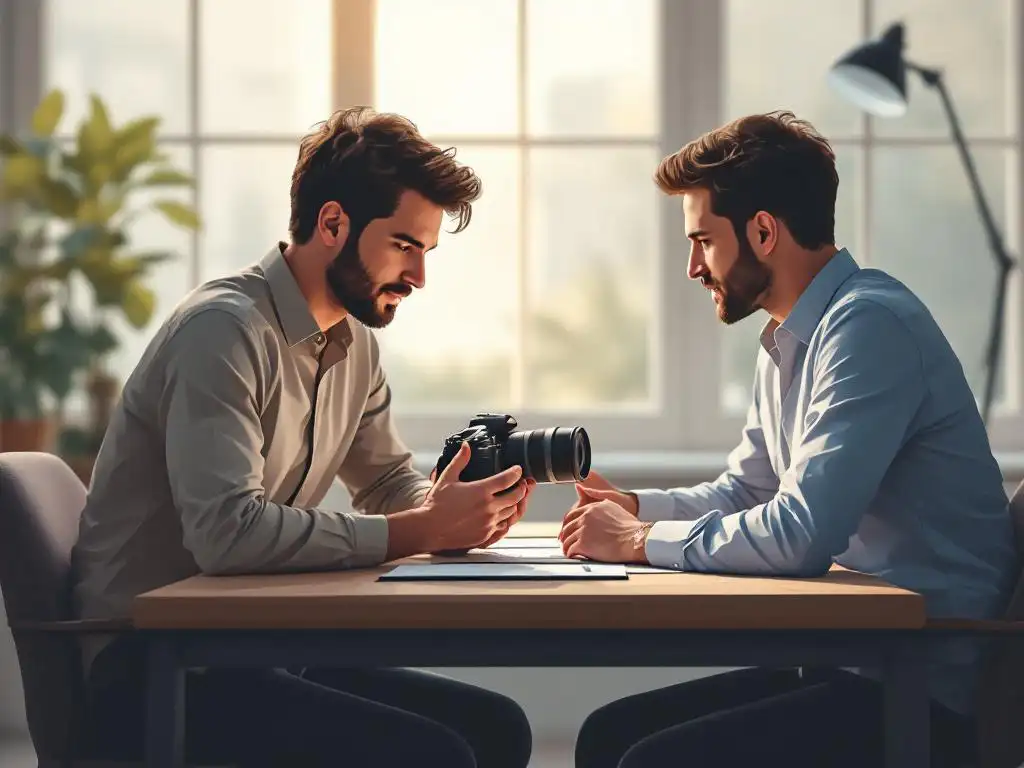 Professionele fotograaf past cameralens aan tijdens overleg met zakenklant aan houten tafel in modern kantoor