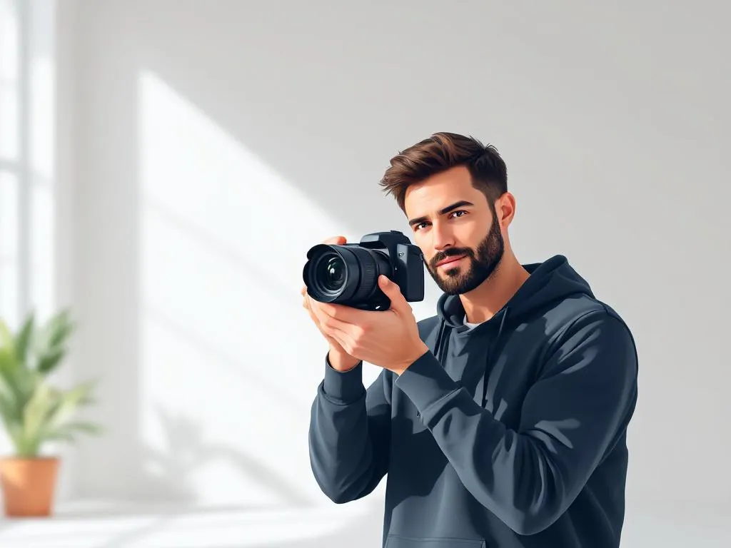 Professionele fotograaf met camera in lichte studio, vector illustratie met minimalistische compositie