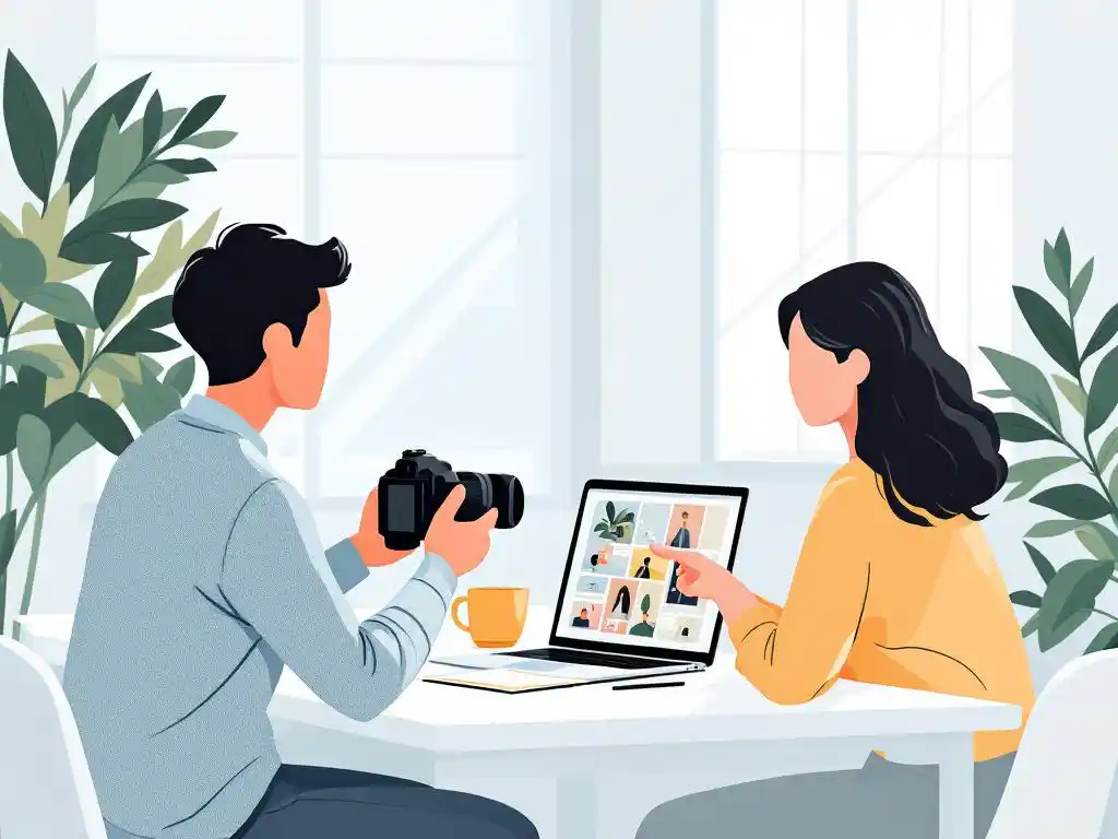 Fotograaf en editor bespreken camera-instellingen en foto's aan witte tafel, vectorillustratie in pastelkleuren