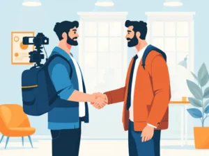 Fotograaf en journalist schudden handen in nieuwsredactie, vectorillustratie in blauw en oranje