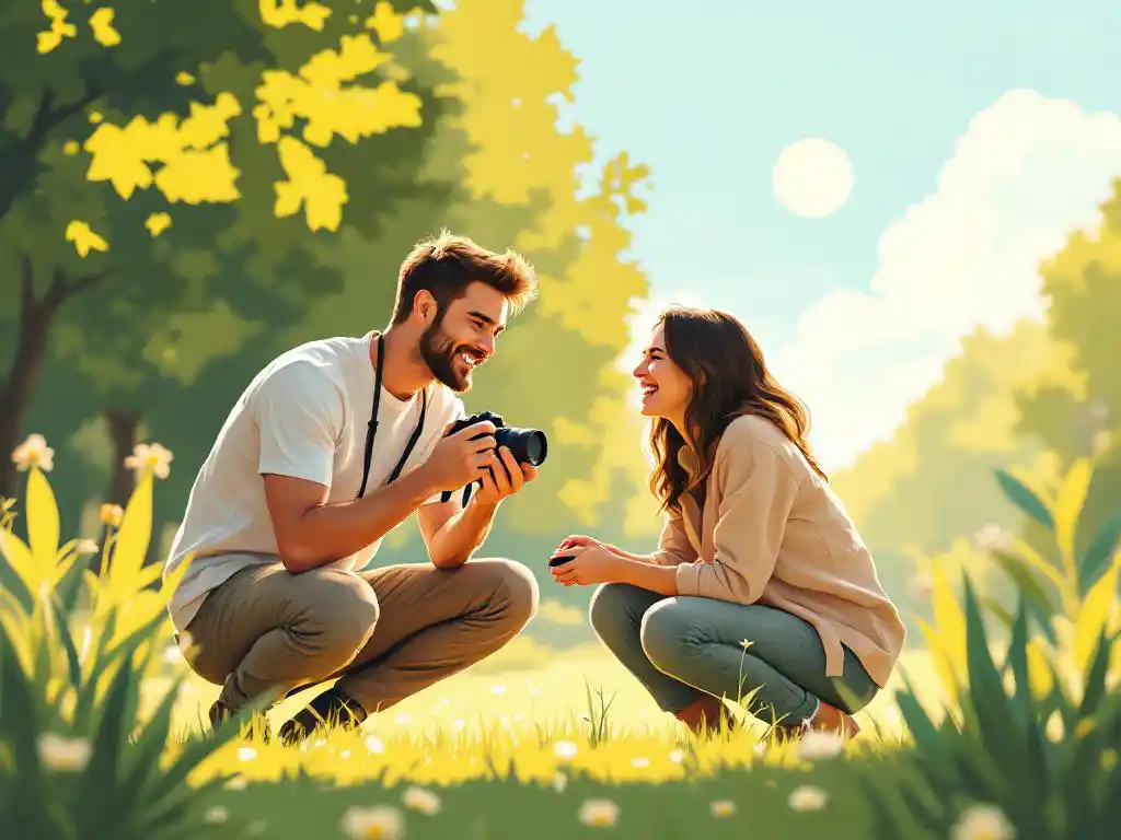 Professionele fotograaf past camera-instellingen aan terwijl jong koppel lacht in zonnig park, gouden uur licht