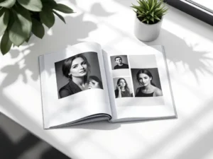 Open portfolio boek met zwart-wit portretten en visitekaartje op wit bureau, zachte raamverlichting, minimalistische stijl