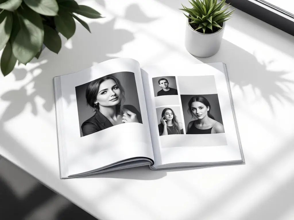 Open portfolio boek met zwart-wit portretten en visitekaartje op wit bureau, zachte raamverlichting, minimalistische stijl