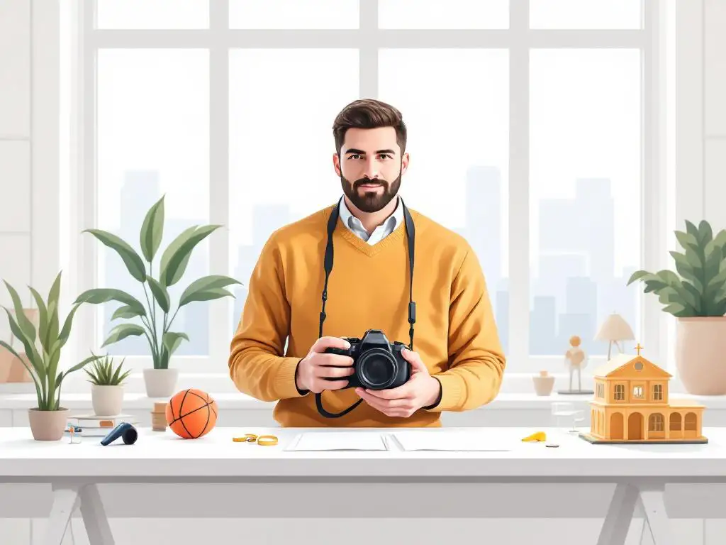 Professionele fotograaf met DSLR-camera omringd door trouwring, fluitje en architectuurmodel op wit bureau