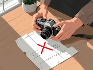 Professionele fotograaf past vintage filmcamera aan op houten bureau naast contract met rode X, vectorillustratie
