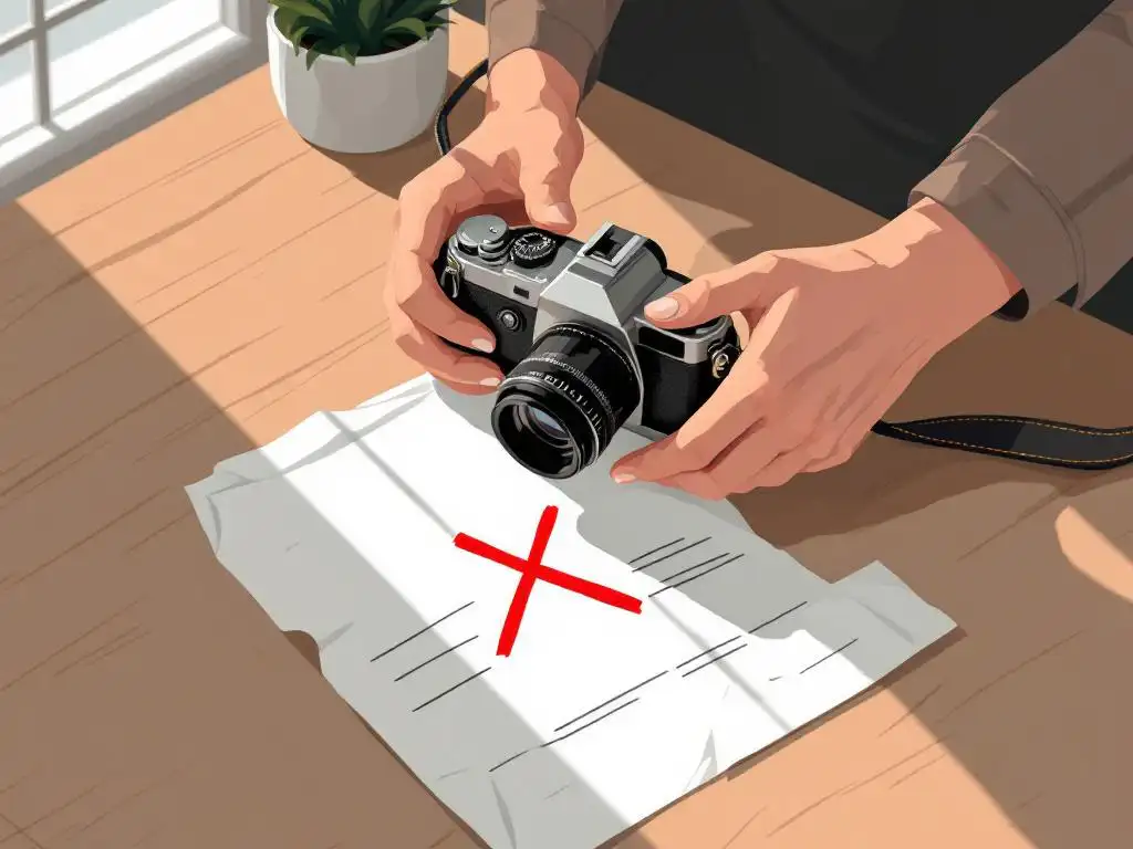 Professionele fotograaf past vintage filmcamera aan op houten bureau naast contract met rode X, vectorillustratie