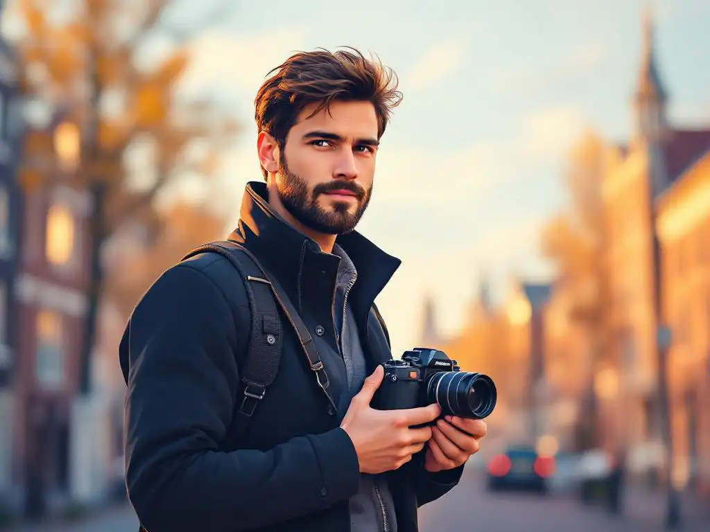 Professionele fotograaf met vintage filmcamera in Nederlandse stedelijke omgeving, vectorillustratie in warme kleuren