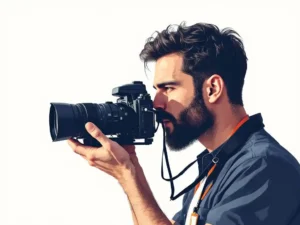 Professionele fotograaf in profiel met vintage filmcamera, draagt perskaart, minimalistische vectorillustratie
