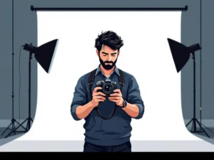 Professionele fotograaf onderzoekt vintage filmcamera in minimalistische studioomgeving met zachte belichting