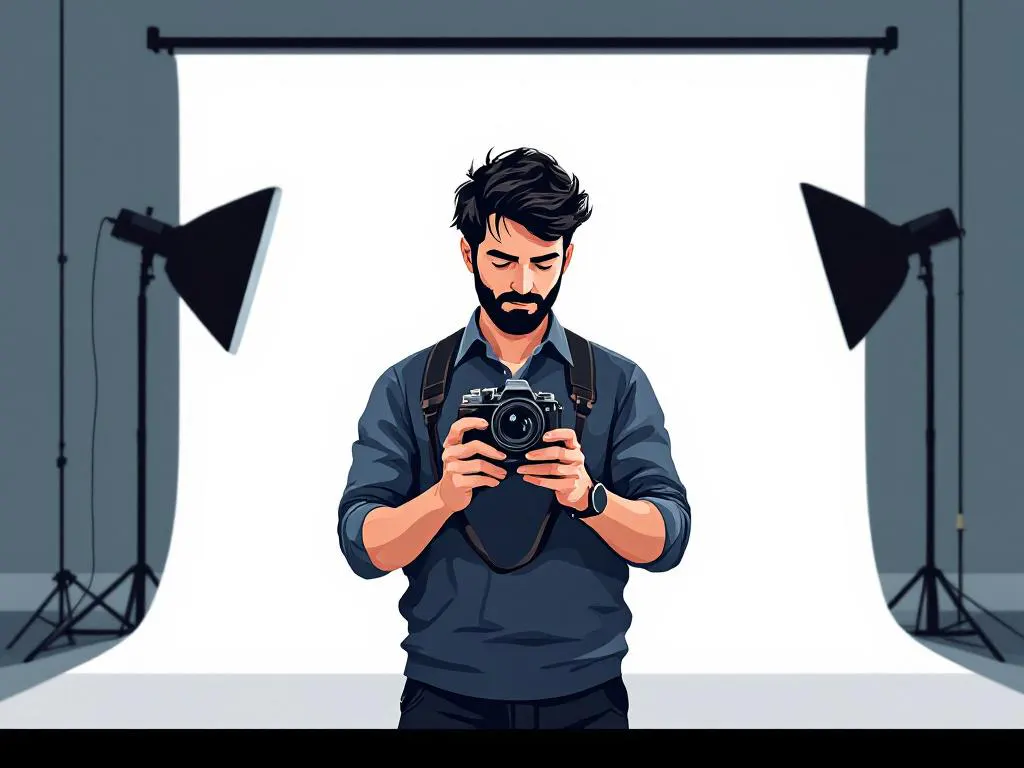 Professionele fotograaf onderzoekt vintage filmcamera in minimalistische studioomgeving met zachte belichting