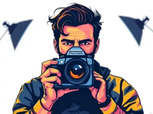 Professionele fotograaf met vintage filmcamera in minimalistische vectorstijl met blauwe en gele kleuren