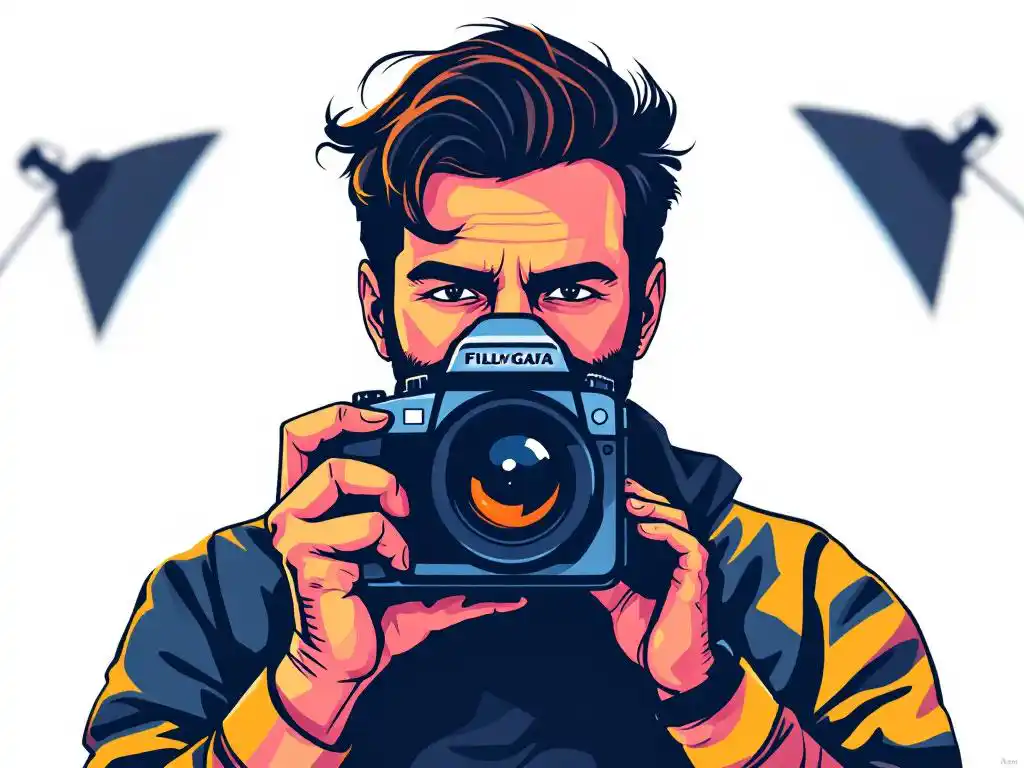 Professionele fotograaf met vintage filmcamera in minimalistische vectorstijl met blauwe en gele kleuren