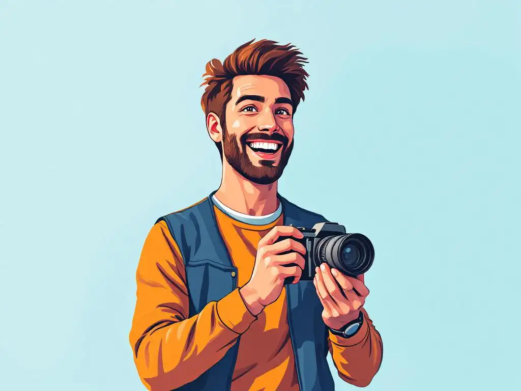 Professionele fotograaf met vintage filmcamera, enthousiaste glimlach, vector illustratie in warme kleuren