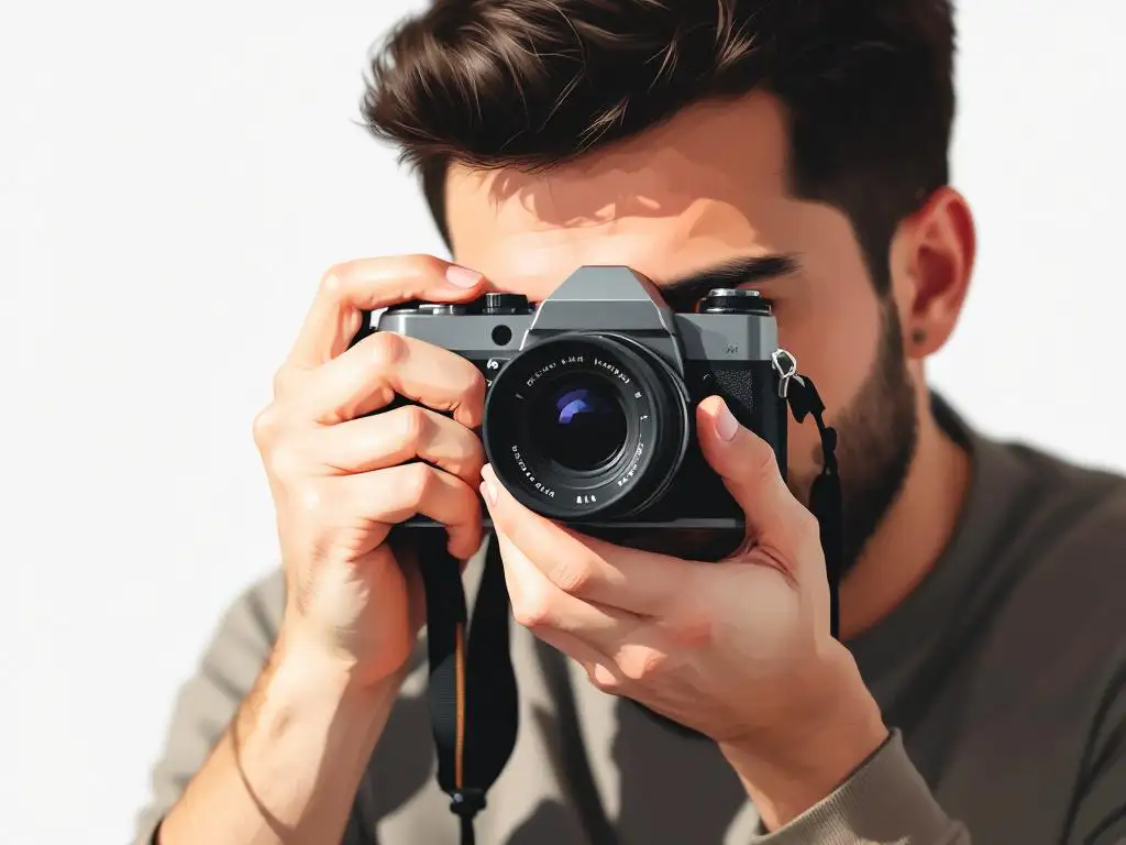 Professionele fotograaf houdt vintage filmcamera vast, vinger op sluiterknop, vector illustratie met zwarte contouren