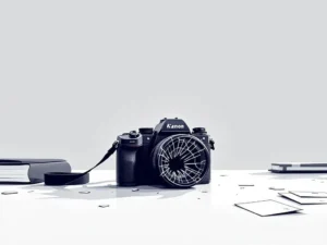 Professionele camera met gebarsten lens op wit bureau met visitekaartjes, vector illustratie over fotografiefouten