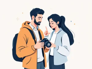 Professionele nieuwsfotograaf en journalist bekijken samen foto's op DSLR camera LCD-scherm, vectorillustratie