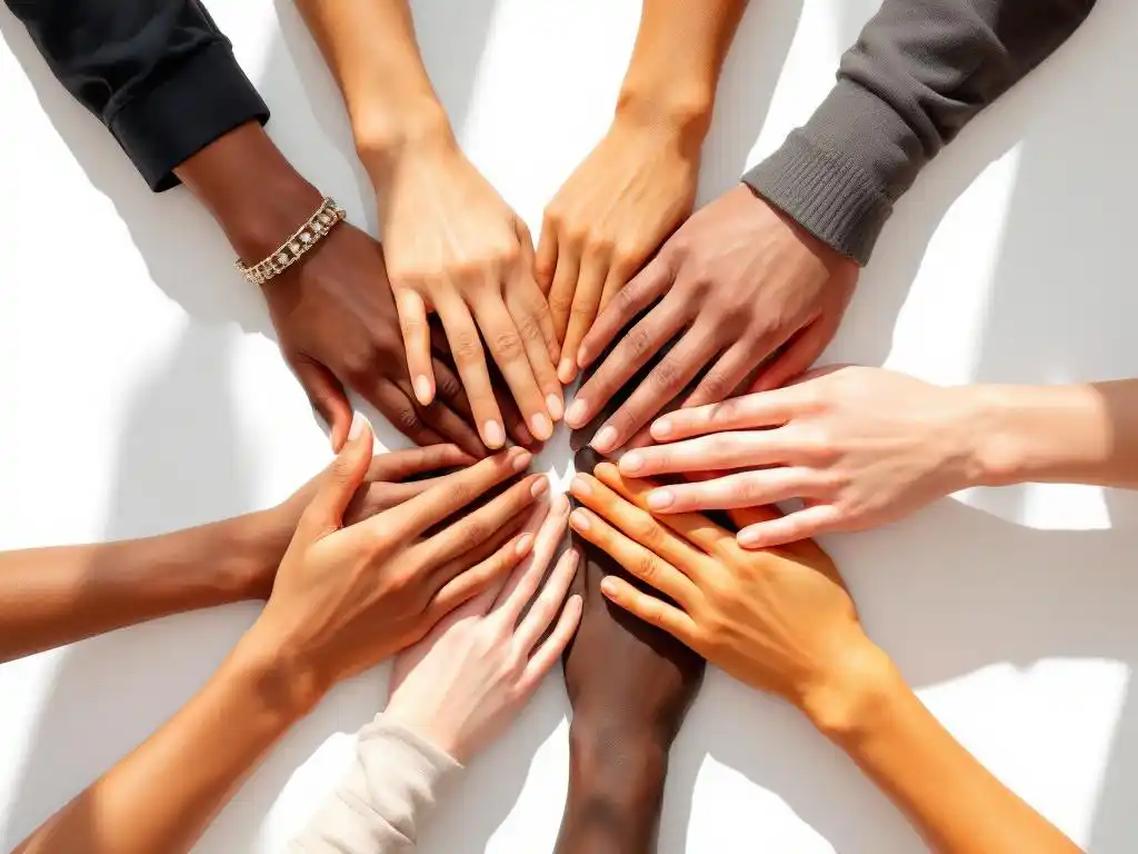 Diverse handen gestapeld in teamwork gebaar, bovenaanzicht op witte achtergrond in vector kunststijl