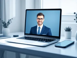 Laptop en smartphone op wit bureau tonen zakelijk portret, minimalistische werkplek met natuurlijk licht
