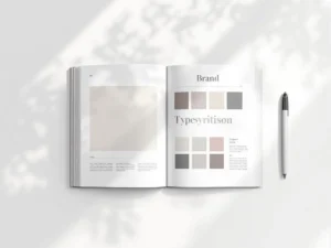Open brandboek met kleurstalen en typografie op wit bureau, pen ernaast, minimalistische werkruimte in vector stijl