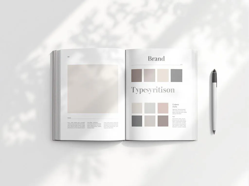 Open brandboek met kleurstalen en typografie op wit bureau, pen ernaast, minimalistische werkruimte in vector stijl