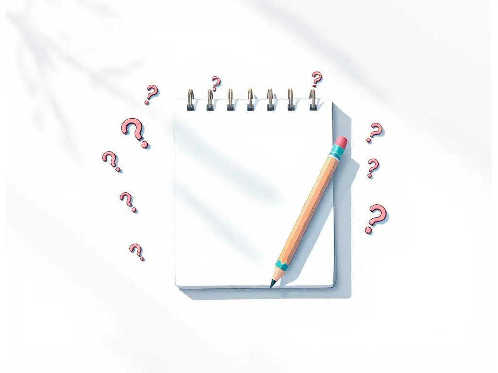 Notitieblok met potlood en vraagtekens in minimalistische vectorstijl met zachte blauwe en grijze tinten
