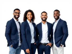 Vier diverse professionals in marineblauwe blazers staan in formatie tegen witte achtergrond, vector art stijl