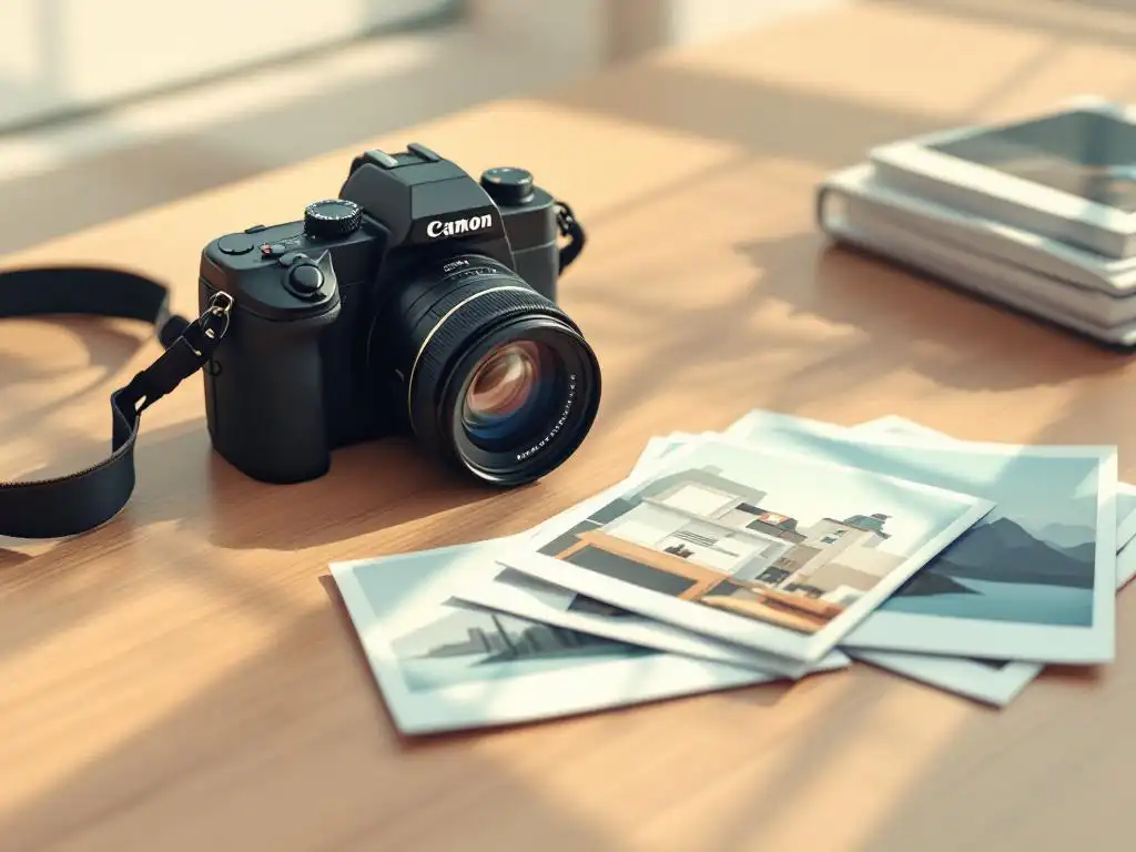 Professionele camera op houten bureau naast stapel foto's in natuurlijk licht, vector illustratie