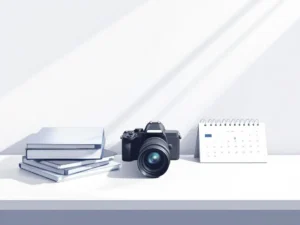Professionele camera naast stapel projectmappen en agenda op opgeruimd bureau met zachte verlichting