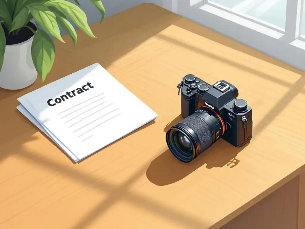 Professionele camera op houten bureau naast visitekaartjes en contractmap in natuurlijk licht, vector illustratie