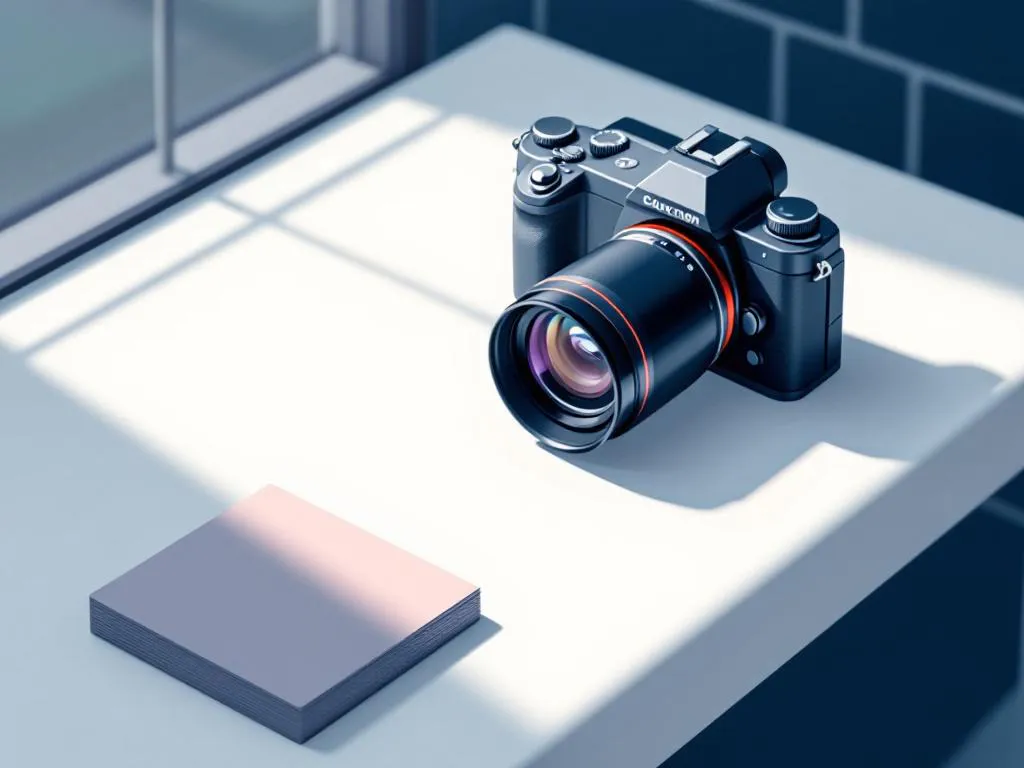 Professionele camera op witte bureau naast visitekaartjes, platte vectorillustratie in blauw en grijs