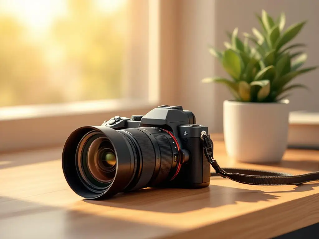 Professionele camera op houten bureau naast plantje, zachte natuurlijke verlichting, vector illustratie stijl