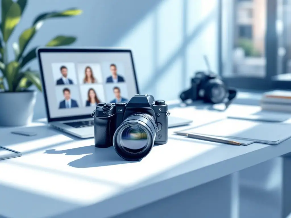 Professionele camera op wit bureau naast laptop met zakelijke portretten, natuurlijk licht, minimalistische stijl