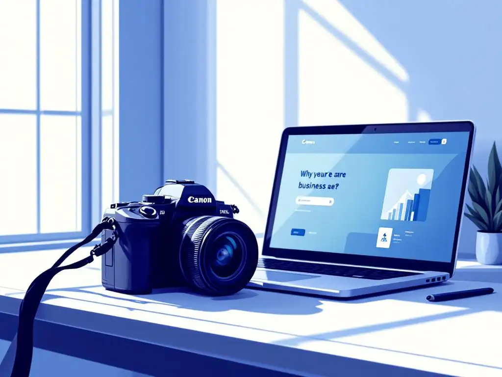 Professionele camera op wit bureau naast laptop met zakelijke website in minimalistisch kantoor met natuurlijk licht